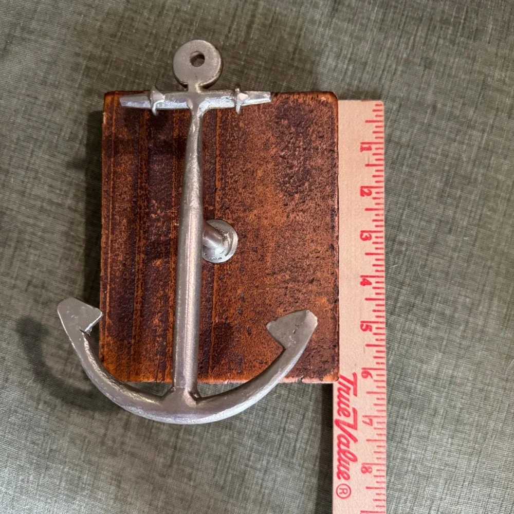 Nautical Anchor Wall Decor Silver Brown Wood Block Coastal Towel Hook Beachhouse